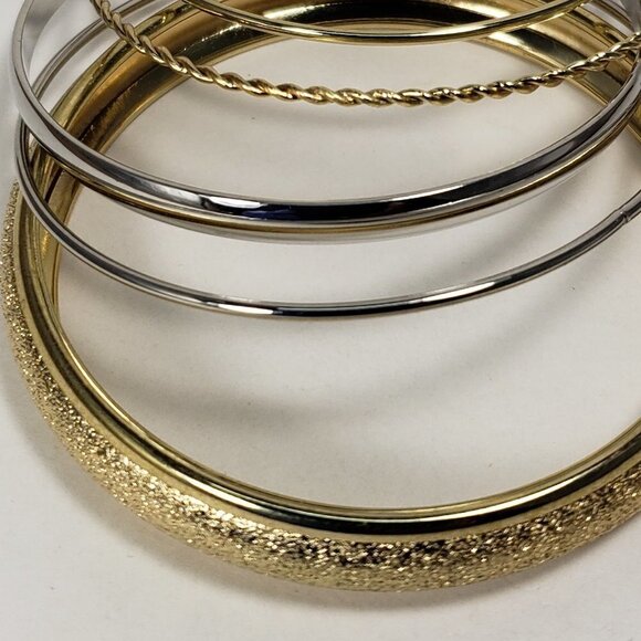 Set of 5 Textured Silver & Gold Tone Bangle Bracelets - Women's Fashion Jewelry - Picture 4 of 5